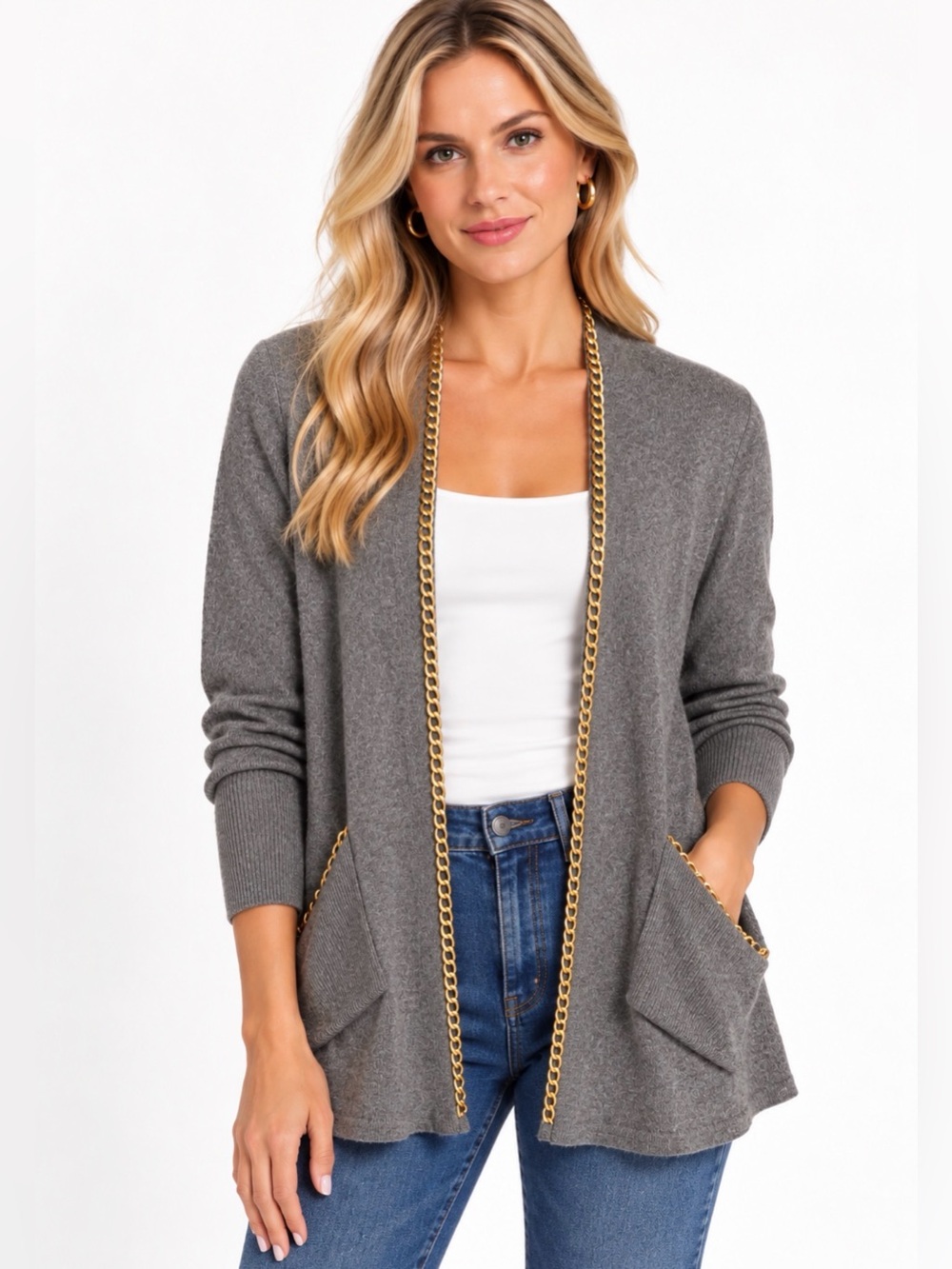 Jamison Gray Open-Front Chain-Trim Gray Cardigan S